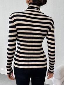 SHEIN Privé Women's Turtleneck Striped Long Sleeve Fashionable Slim Fit Soft And Elegant Sweater - Multicolor - View 2