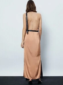 Maija Ladies' Summer Draped Neck Maxi Elegant Dress Flowy Dress - Brown - View 6