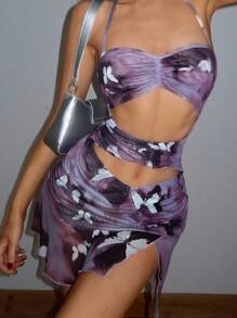 EgrlEra Đầm lưới hở lưng hở lưng in họa tiết bướm Y2K Trang phục câu lạc bộ Đầm dự tiệc cho nữ Đầm ngắn mini cho nữ - Bụi tím - Xem 5