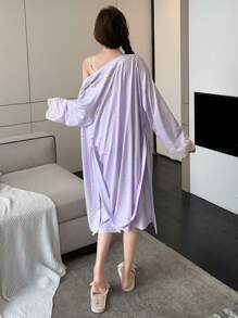 DAZY Dot Print Lace Patchwork Camisole Dress & Robe Pajama Set - Purple - View 2