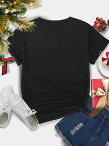 INAWLY Womnen Christmas Slogan Graphic Crew Neck Short Sleeve Black T-Shirt Graphic Tees Women Tops - Black - View 2