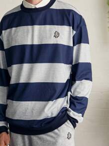 Manfinity VCAY Men's Digital Print Striped Loose Fit Crewneck Sweatshirt Set, For Fall Winter