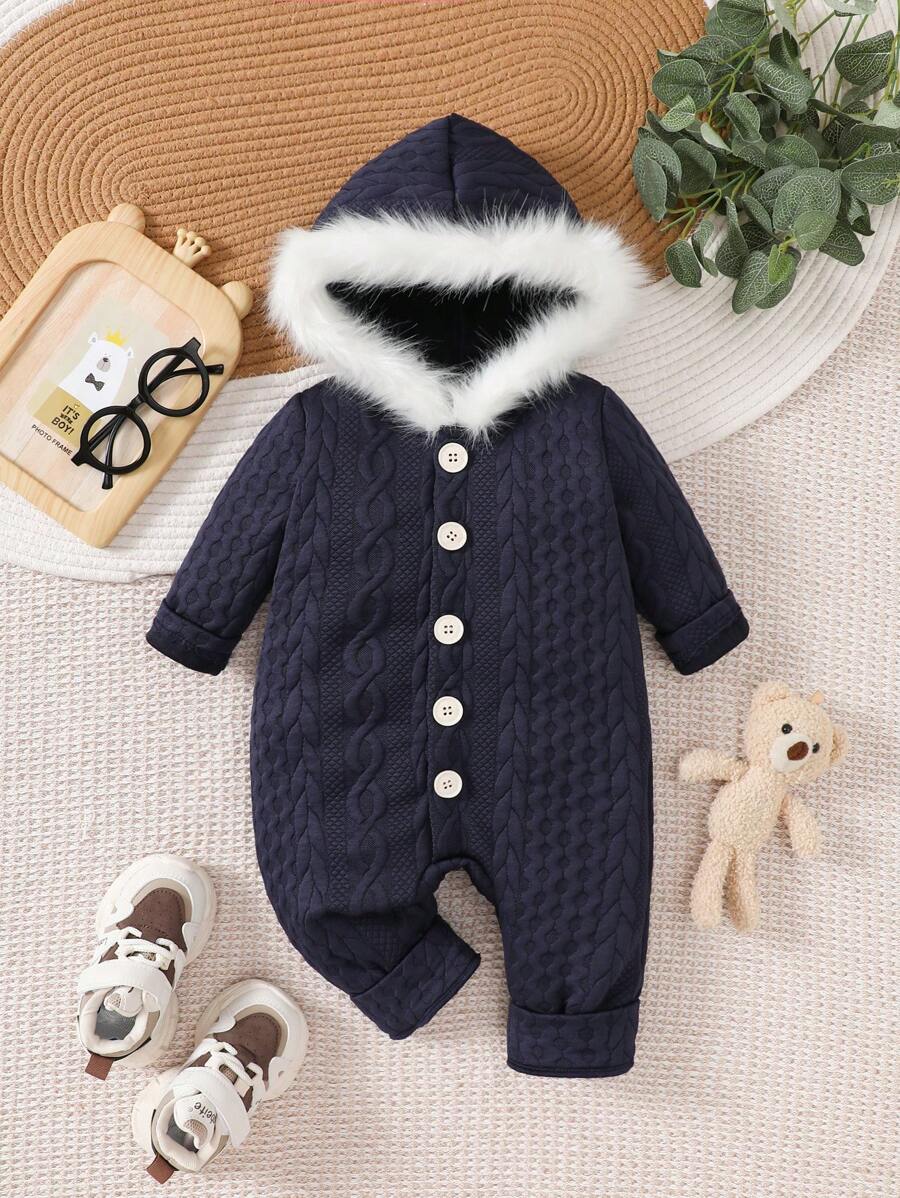 SHEIN 男婴长袖纽扣装饰连体衣