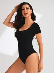 Nahtloser Jumpsuit in Einfarbig mit Kurzarm, Elastisch und Anliegend