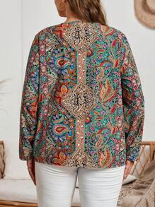 EMERY ROSE Blusa elegante de manga larga con cuello redondo, abotonada y con estampado completo, de moda, elegante para el otoño, talla grande - Multicolor - Ver 2