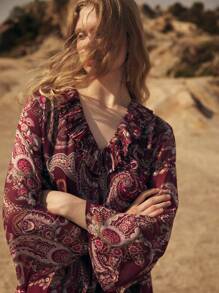 Maija Váy xòe tay loe cổ chữ V họa tiết hoa Paisley phong cách phương Tây dành cho nữ - Màu tím - Xem 6