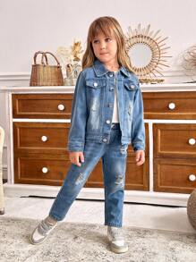 SHEIN 2pcs/Set Young Girl Fashion Distressed Denim Jacket And Jeans Casual Outfit