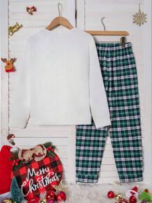 2pcs Tween Boys' Casual Animal Embroidered White Long Sleeve Top And Green Plaid Pants Loungewear Set - White - View 2