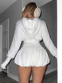 Sweetina Y2k 白色可爱修身蕾丝边羊毛短款连帽运动衫 90 年代装秋季女装，长袖上衣 - 白色 - 查看 2