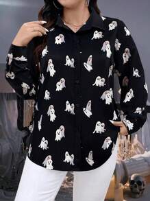 SHEIN LUNE Halloween Plus Size Ghost Print Button Front Casual Long Sleeve Shirt Fall Cloth For Women - Black and White - View 5