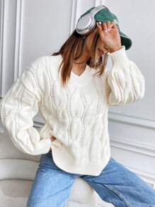 Lunelith SHEIN Lunessa Cálido suéter de manga larga tipo oversize con cuello en V y nudo tejido, para invierno