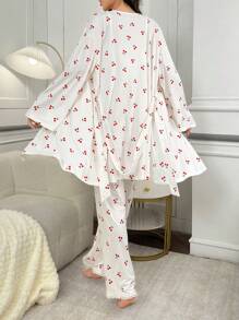 CottageSlumber 3件套女士樱花印花吊带背心、长裤和系带睡袍睡衣套装，秋冬舒适优雅细节