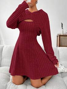 SHEIN EZwear 2pcs/Set Women's Solid Color Sleeveless Dress & Hooded Crop Top Set - Burgundy - View 3