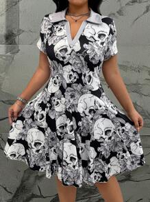 Calvaya Vestido casual de manga corta, cuello de polo a rayas, talla grande