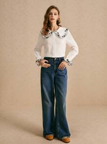 Poéselle 女士优雅迷人的彼得潘领长袖喇叭袖衬衫白衬衫纽扣女士衬衫可爱衬衫刺绣蕾丝茶会服装彼得潘领外出上衣 100%