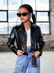 SHEIN Tween Girls Solid Color PU Leather Long Sleeve Cardigan Jacket, Autumn Winter - Black - View 5