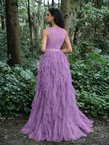 Faeriesty Luxus Spitzenbesatz Detail Mesh Überlagerung Abendkleid - Violett - Übersicht 2
