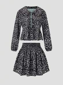 SHEIN LUNE 2pcs Women's Leopard Print Long Sleeve Top & Mini Skirt Set (Assorted Patterns) - Khaki - View 4