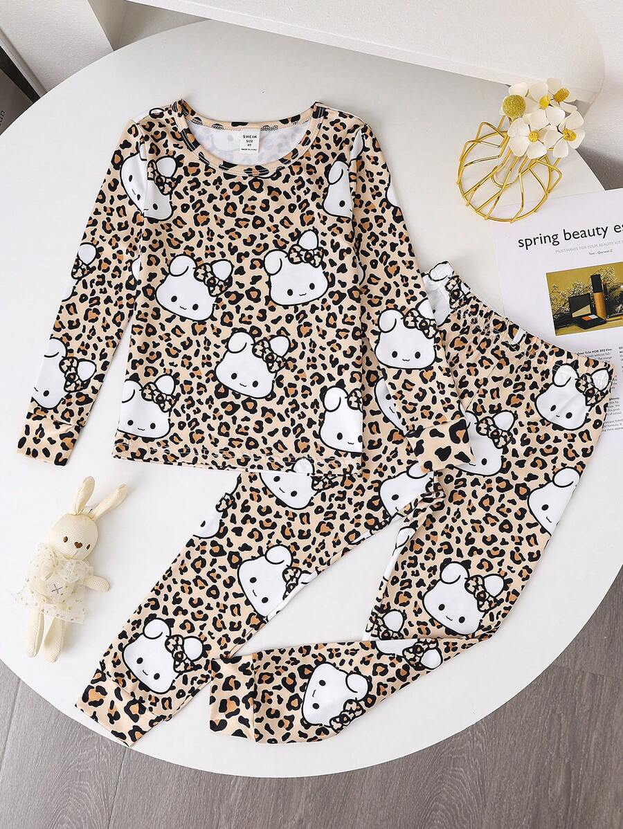 SHEIN 2pcs/Set Young Girl Cute Rabbit & Leopard Print Snug Fit Long Sleeve Pajama Set, Mommy And Me Matching Outfits (2 Pieces Sold Separately) - Multicolor - View 1