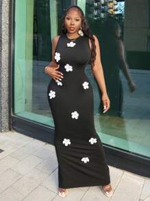 Slaydiva Đầm ôm sát hở lưng họa tiết hoa trắng mùa hè thanh lịch cho kỳ nghỉ bãi biển - màu đen - Xem 7