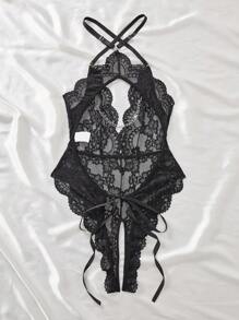 1 件女式蕾丝蝴蝶结紧身衣，坏蛋造型 - 黑色 - 查看 2
