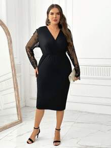 SHEIN Clasi 大码女式优雅蕾丝拼接 V 领长袖修身晚礼服，春夏 - 黑色 - 查看 3