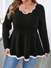 Calvaya Plus Size Colorblock Trim Long Sleeve Sweater, Casual Daily Wear, For Autumn Knit Pullover Bussines Formal Black And White Winter - Black - View 7