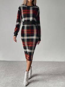 SHEIN Clasi 2 件女式格子印花圆领长袖上衣和裙子套装 - 彩色 - 查看 6