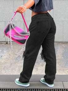 Damskie amerykańskie jeansy w stylu ulicznym, ze średnim stanem i prostą nogawką