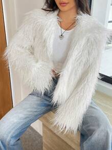 SHEIN EZwear Women's Winter Solid Color Long Sleeve Fluffy Coat - Beige - View 3