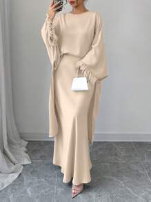 SHEIN Clasi 女士春夏纯色圆领蝙蝠袖羽毛拼接上衣和半裙套装 - 杏色 - 查看 4