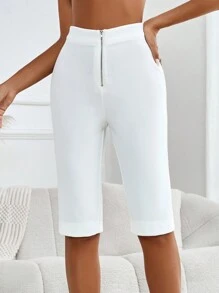 SHEIN Privé Women's Autumn Elegant White Front Zipper  Capri  Pants. Fall Pants. White Women Pants. Suitable For Casual Sports, Airport.