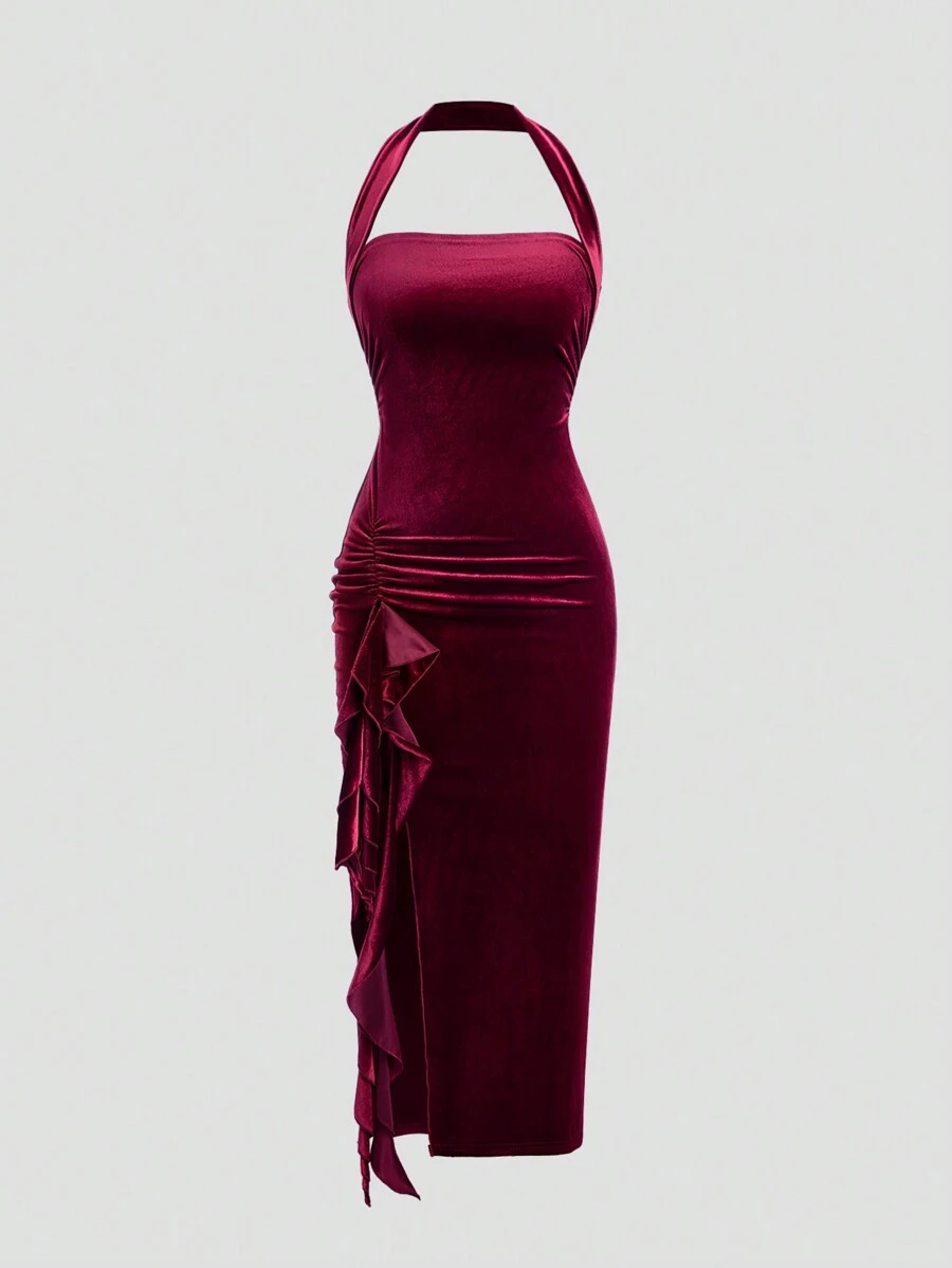 Sweetra 优质高品质红色天鹅绒吊带开衩下摆优雅女式连衣裙 - 紅色 - 查看 1