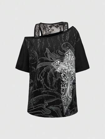 Grunge Punk Camiseta de mujer con estampado de cruz PUNK con aplicaciones de rhinestone