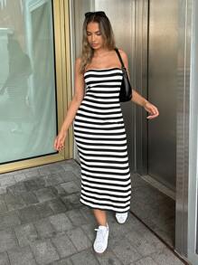 SHEIN Unity Ladies Striped Bodycon Bandage Strapless Slit Dress Maxi Women Outfit - Black and White - View 1