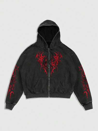 Street Life Men Casual Contrast Color Printed Zip-Up Hoodie, Fall