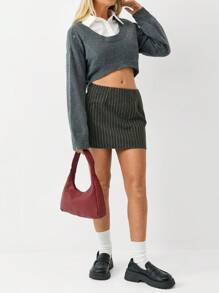 SHEIN Unity 1 件女士条纹低腰迷你裙，时尚办公室女士 Siren 黑灰色条纹裙，适合秋冬季 - 灰色 - 查看 4
