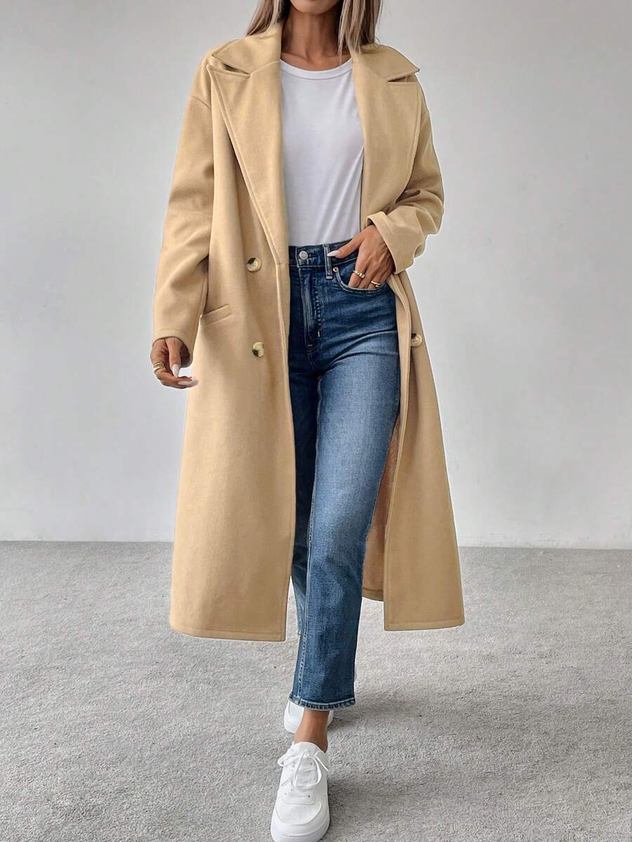 SHEIN LUNE 女式纯色翻领落肩长袖休闲双排扣口袋羊毛大衣，秋冬款 - 駝色 - 查看 1