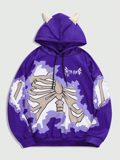 Street Life Sudadera con capucha casual de uso diario con cordón y estampado de calavera para hombre