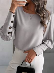 EMERY ROSE Plain Round Neck Long Sleeve Button Classic Casual Shirt Fall Cloth For Women - Grey - View 2