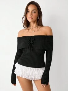 SHEIN Unity Suéter de punto sencillo de manga larga y hombros descubiertos de unicolor, casual para uso diario para mujeres - Negro - Ver 3