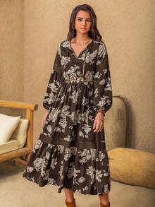 Rusttydustty Bohemian Print Casual Dress For Women - Coffee - View 6
