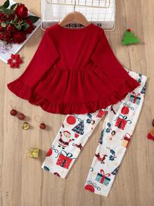 2pcs Young Girls' Ruffle Cuff Long Sleeve T-Shirt & Snowman Pattern Long Pants Christmas Outfit Set - Red - View 2