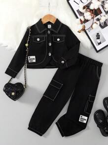 Genkimix Kids 2pcs Young Girl Fashion Korean Style Casual Collared Short Jacket + Pants Set, Spring Autumn