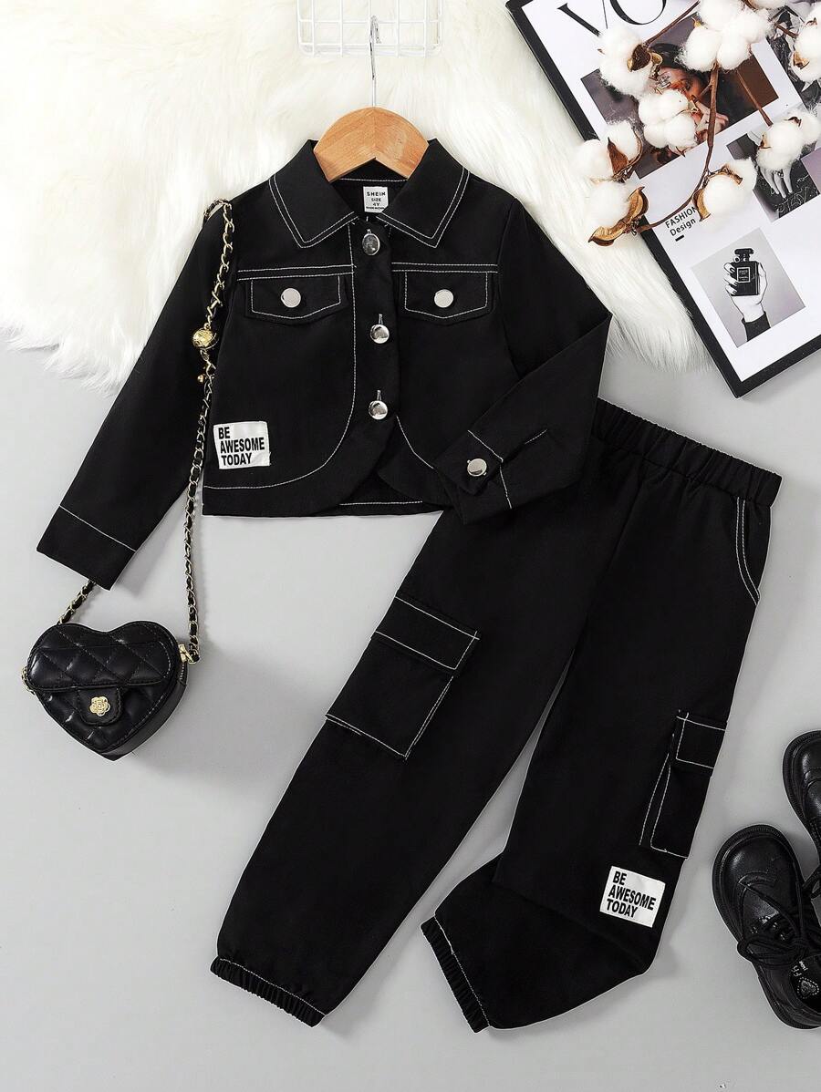 Genkimix Kids 2pcs Young Girl Fashion Korean Style Casual Collared Short Jacket + Pants Set, Spring Autumn