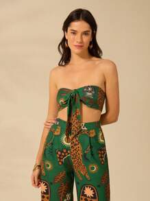 CAJUNI 女士度假休闲海滩热带豹纹和椰子树印花露肩露背撞色抹胸夏季背心