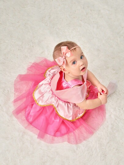 SHEIN Baby Girl Princess Style Pink Mesh Dress With Hollowed-Out Petal Shaped Shoulder Decoration