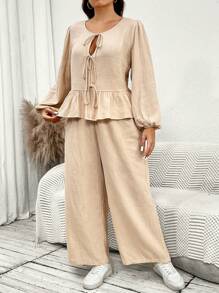 SHEIN Essnce 2pcs Women Plus Size Bowknot Front Cardigan Top And Casual Wide Leg Pants Set