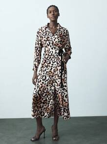Maija Vestido elegante de manga larga con escote en V, impresión de leopardo y cinturón en la cintura para mujer, vestido con estampado de guepardo - Marrón - Ver 4
