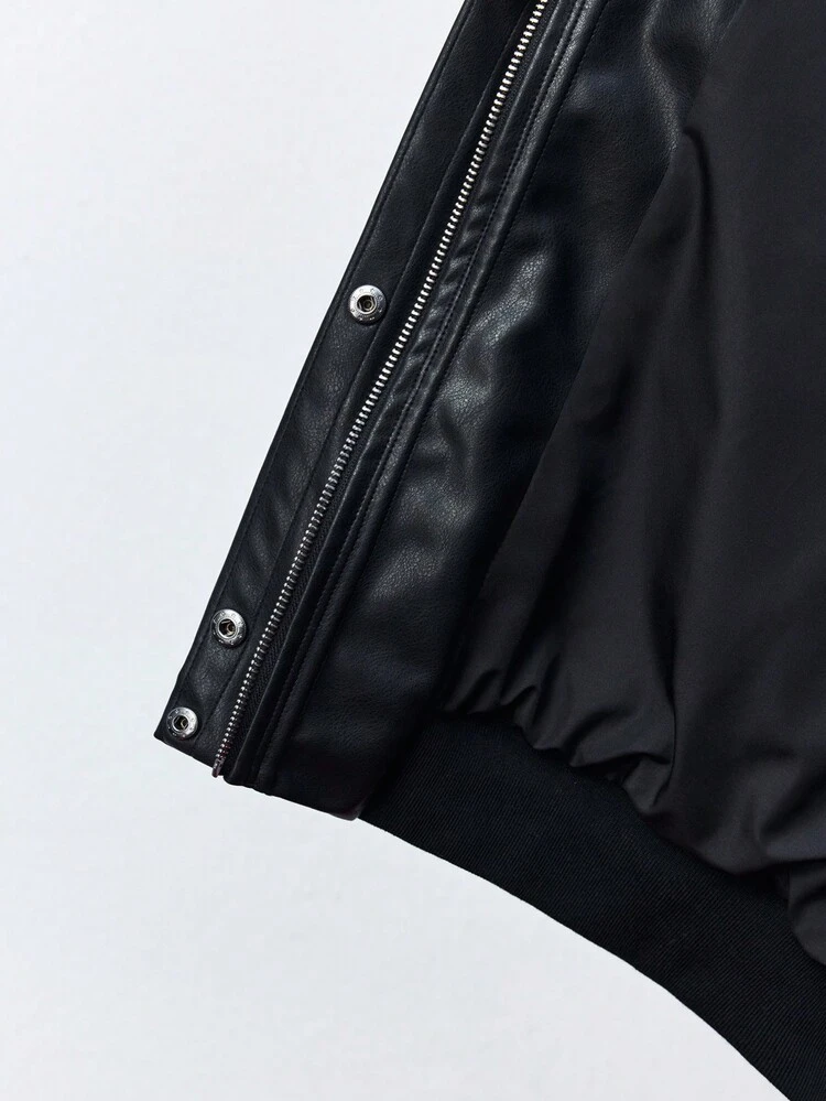 SHEIN Maija ウィメンズ ブラックフェイクレザー ファートリミング ジップアップ ロングスリーブ ボンバージャケット